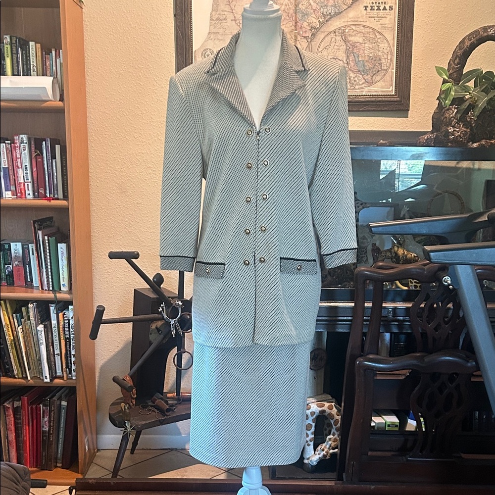 St. John Black and White Textured Blazer and Skirt Set